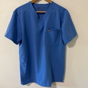 Figs Leon Three-Pocket Scrub Top Blue V Neck Medical-Small